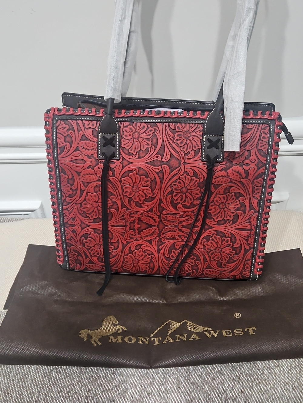 Montana West Red Floral Tooled Leather Tote with Dark Trim